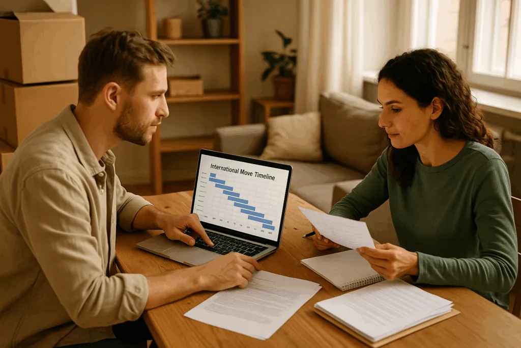 Couple planning international move with timeline chart