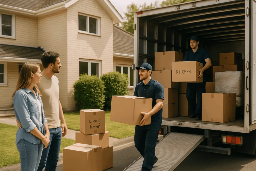 Professional movers loading boxes for international relocation