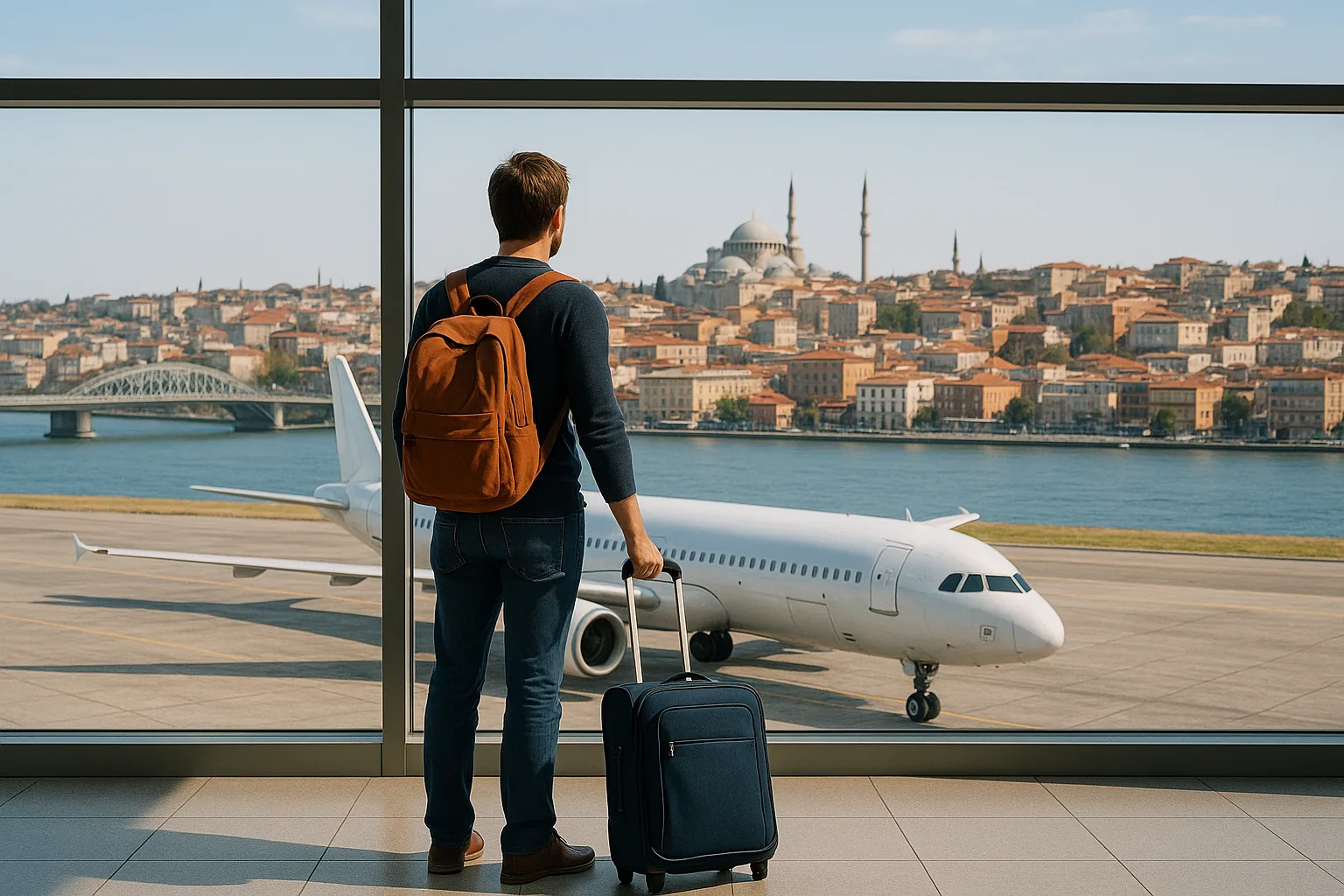 Traveller at airport with airplane and city skyline