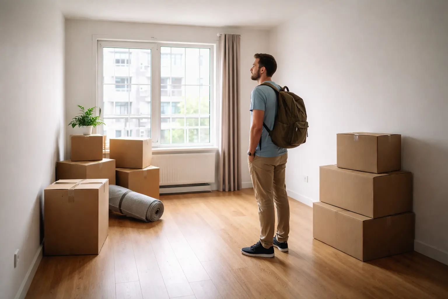 Person in new apartment abroad with unpacked boxes feeling uncertain